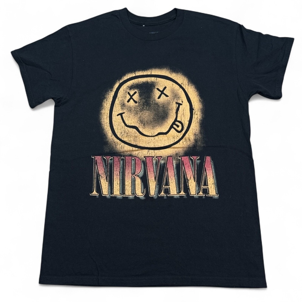 Nirvana Smiley Face Tee Shirt Adult Size Medium Black Vintage Style Big Logo